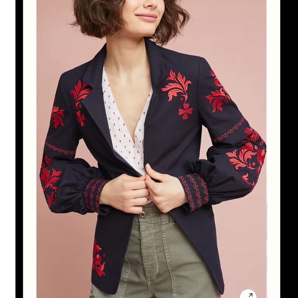 Anthropologie Boho Embroidered Jacket Womens 8 Navy Red Puff Sleeve NEW